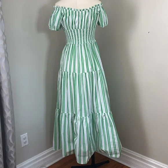 eShakti Wayward Fancies Off-theshoulder Stripe Cotton Poplin Smocked Waist Dress - Picture 7 of 11